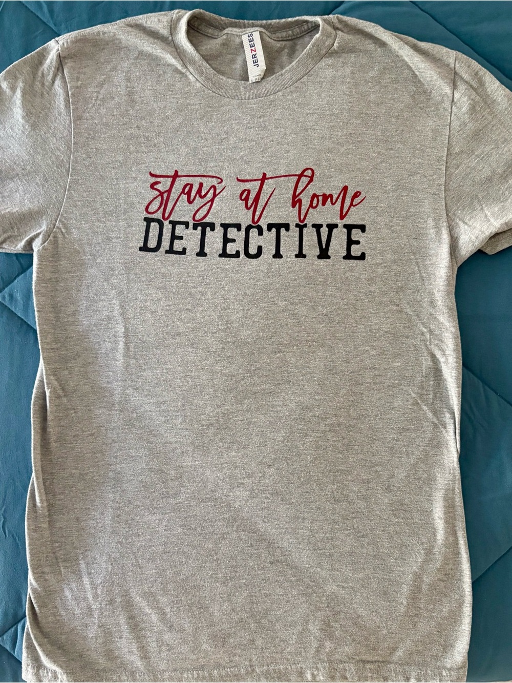 Jerzees Stay At Home Detective Graphic Tee | Funny Mom Shirt | Heather Gray Sm